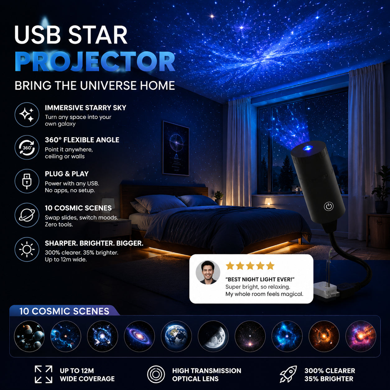 🌌🌙 USB Galaxy Moon Projector Night Light – Rotating Starry Sky, Soothing Sleep Ambience ✨✅