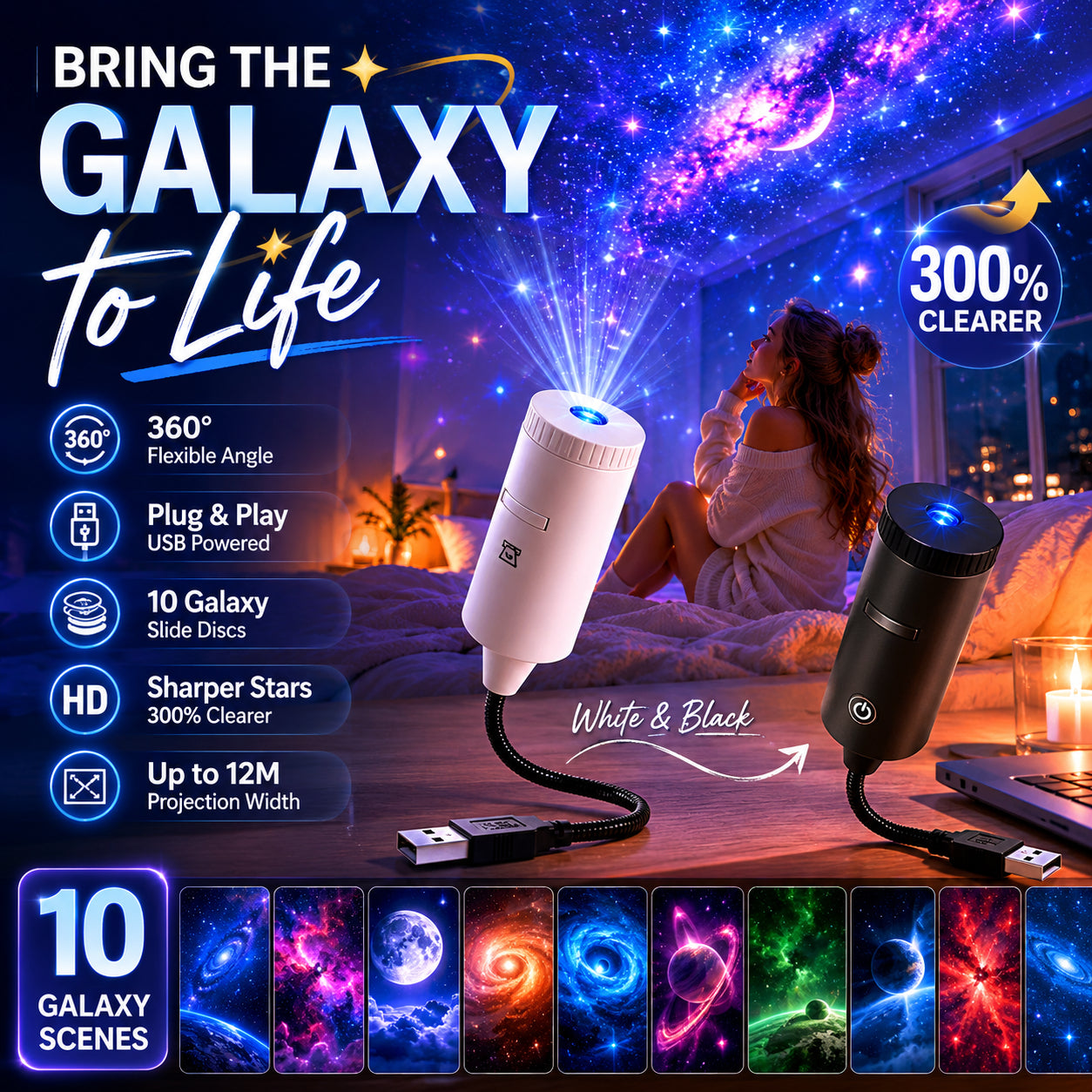 🌌🌙 USB Galaxy Moon Projector Night Light – Rotating Starry Sky, Soothing Sleep Ambience ✨✅
