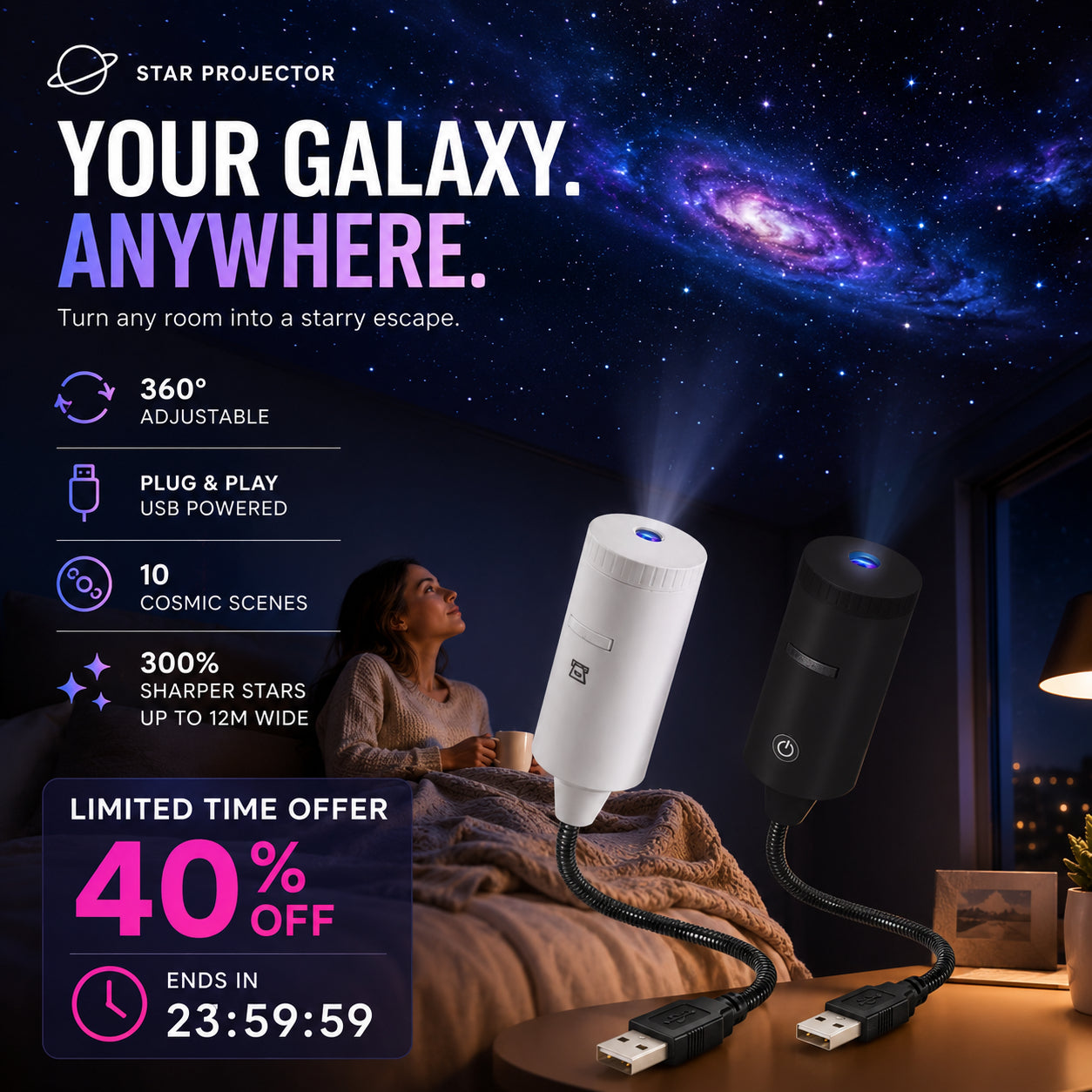 🌌🌙 USB Galaxy Moon Projector Night Light – Rotating Starry Sky, Soothing Sleep Ambience ✨✅