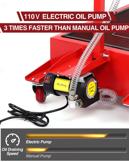 20 Gallon Oil Drain Pan with Electric 110V Pump & 8 Ft Hose, T Folding Handle & Low Profile Oil Drain Cart for Truck Cars SUVs
